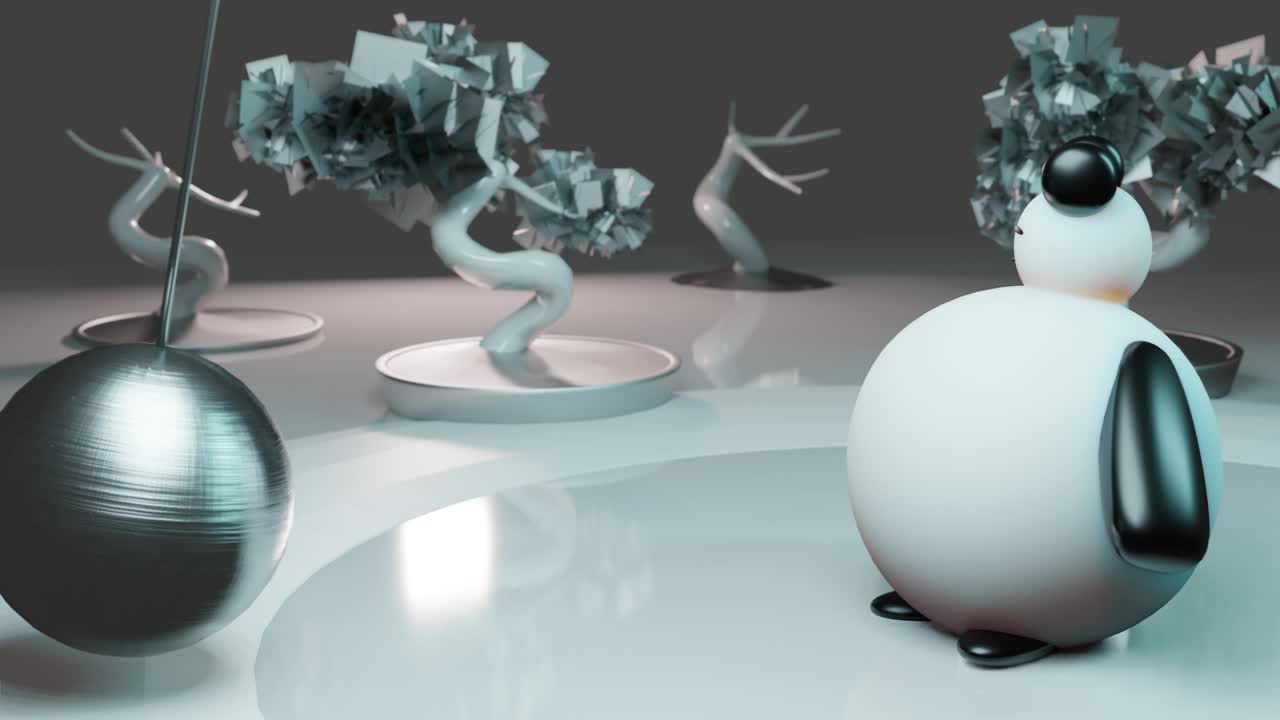 귀여운 만화 캐릭터의 위에 금속 공이 반사됩니다. 이상하게 만족스러운 4k 루프 애니메이션.