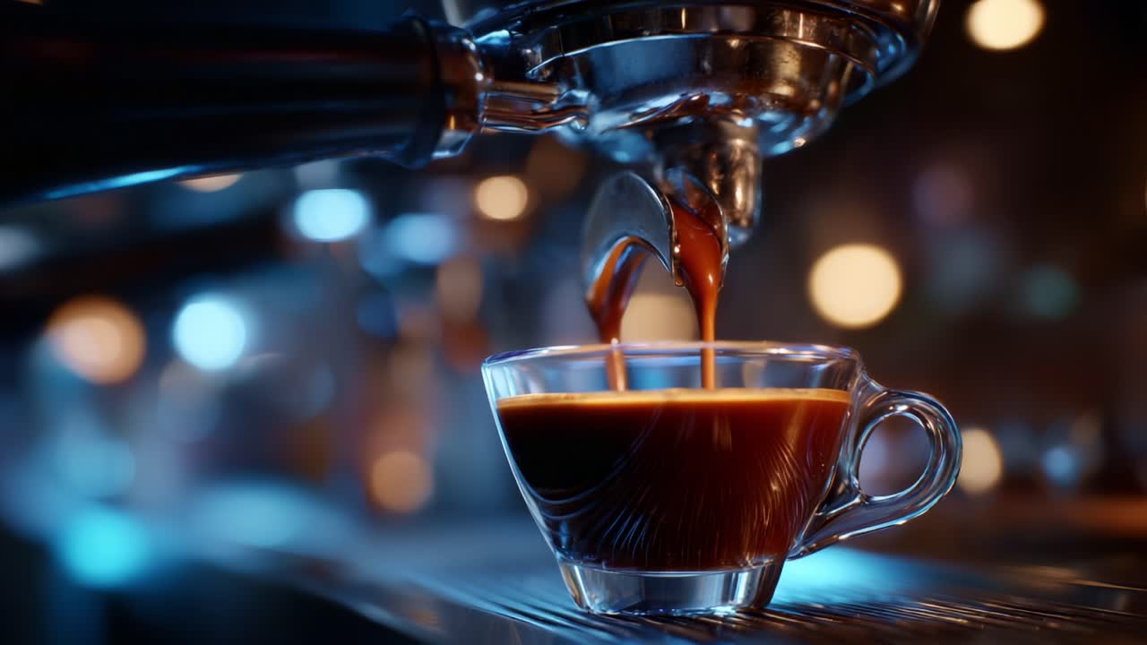 Uma visão em close-up do processo de extração do café expresso, mostrando o café rico e escuro sendo servido em uma xícara transparente com luzes desfocadas no plano de fundo para um toque artístico