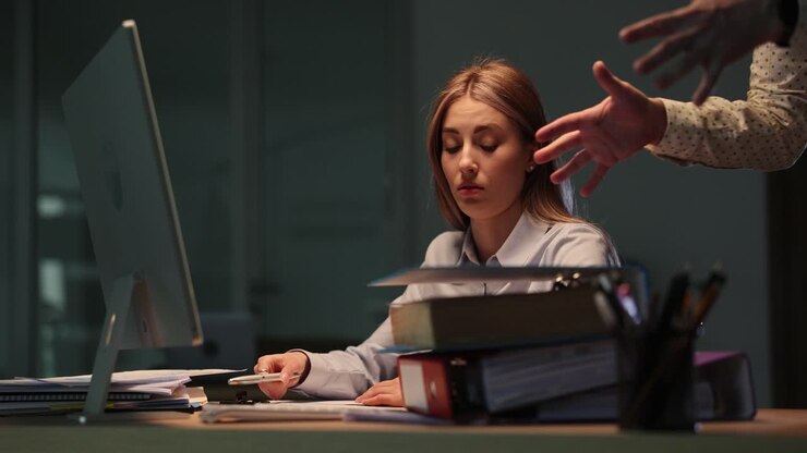 Stressed businesswoman overwhelmed with paperwork at her office desk
