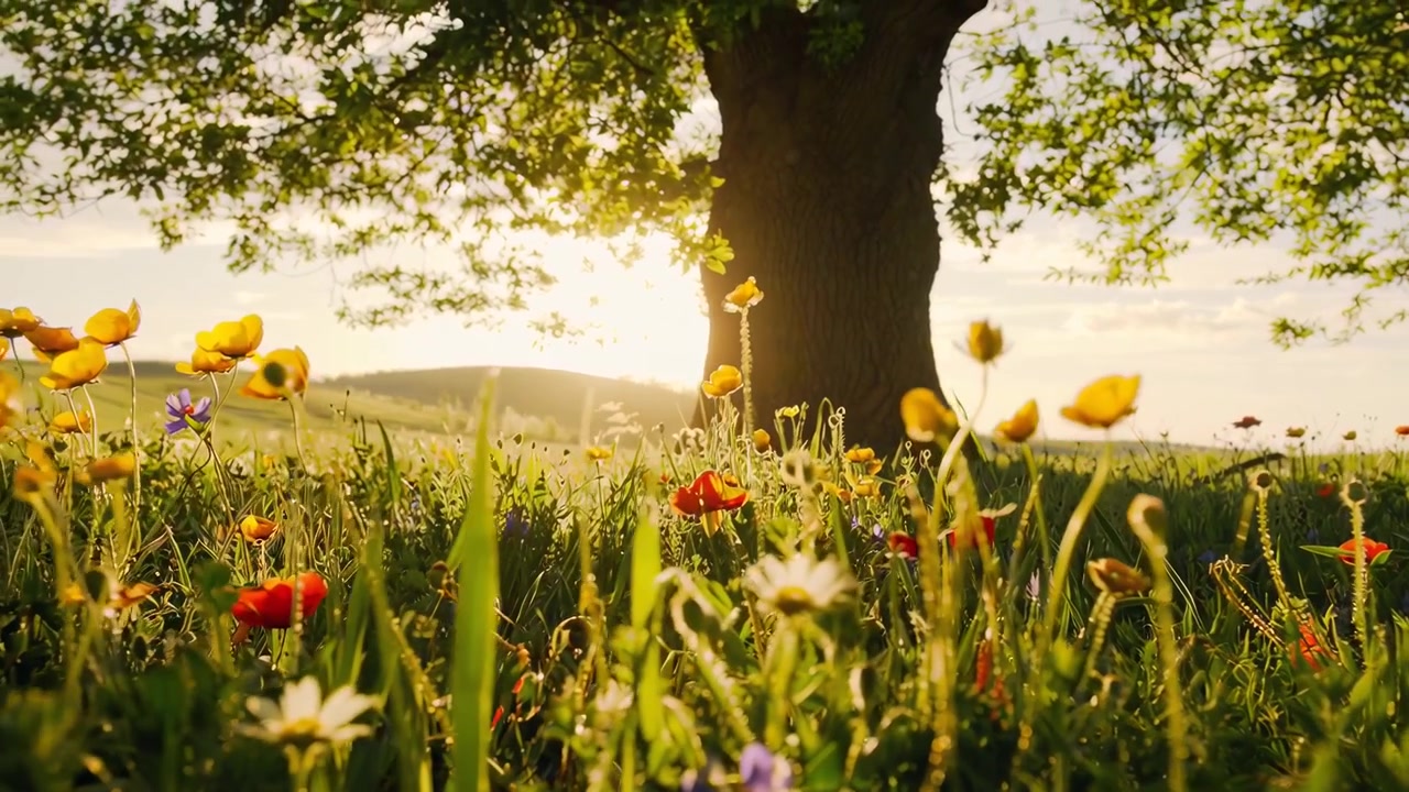 Golden Hour Sun Rays Over a Vibrant Wildflower Field