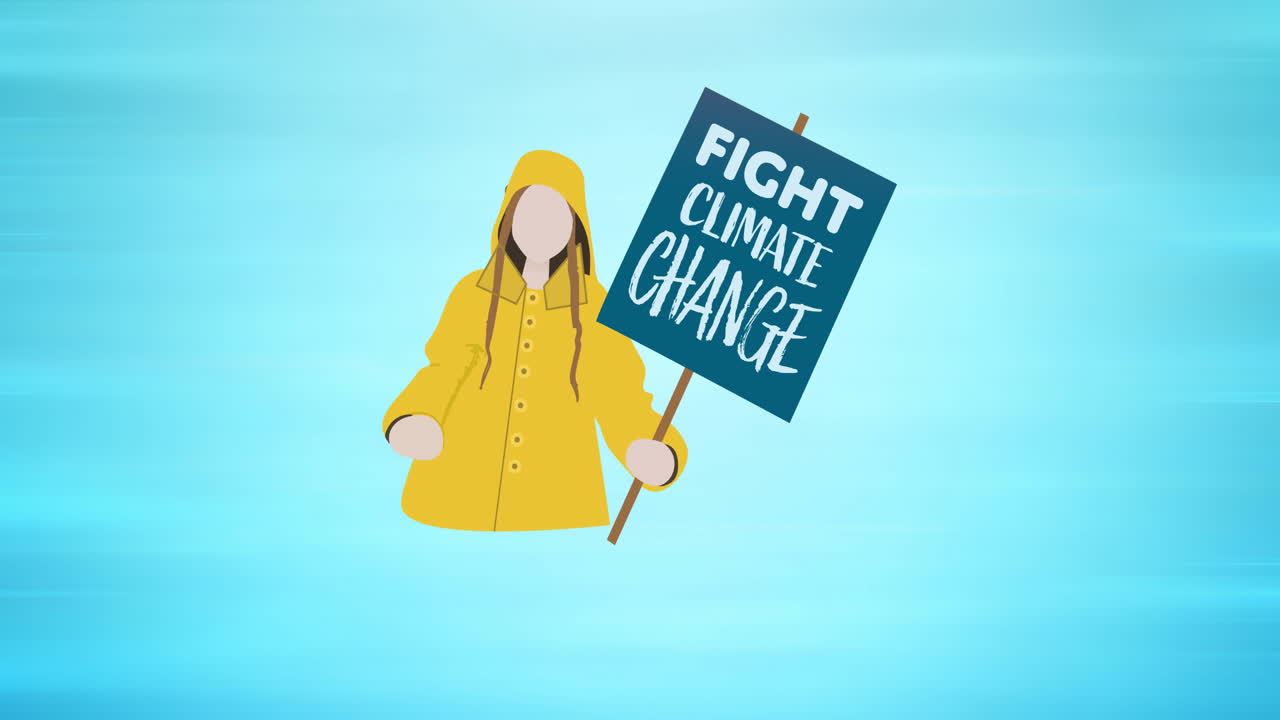 Animation of climate change text on placard held by person on blue background