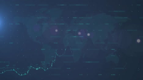 animation of light spots and world map over data processing on black background