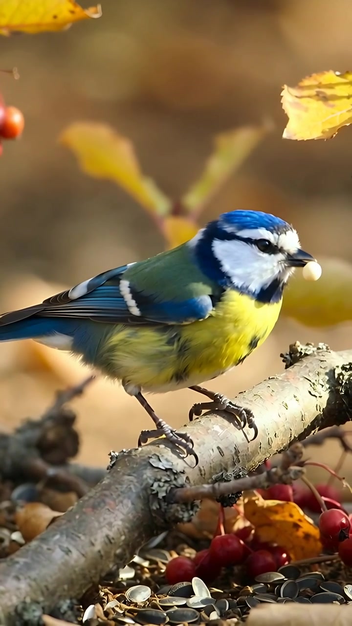 Video verticale: Avvicinamento dall'alto a sinistra, cinciallegra che atterra posandosi su un ramo di lichene in giardino, mangiando un seme.