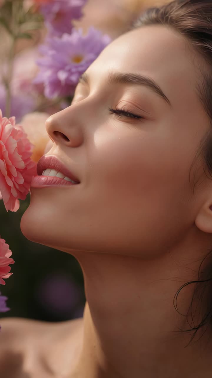 Video verticale: donna a spalle scoperte che segue un profumo e si sporge verso un fiore rosa in un giardino
