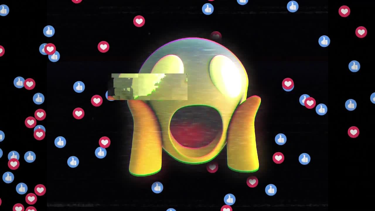 Animation of shocked emoji icon, hearts and thumbs up icons over black background