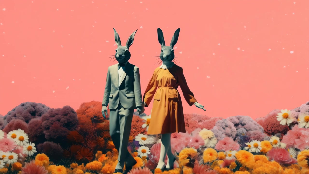 Surreal Couple with Rabbit Heads Walking Through a Field of Flowers