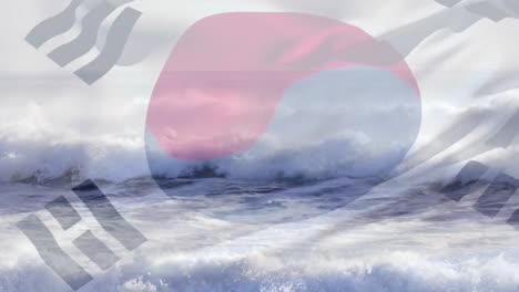 Animación-De-La-Bandera-De-Corea-Del-Sur-Ondeando-Sobre-Las-Olas-En-El-Mar.