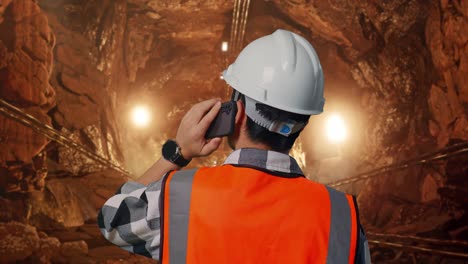 close up back view of asian male engineer with safety helmet talking on smartphone while standing in underground mine tunnel