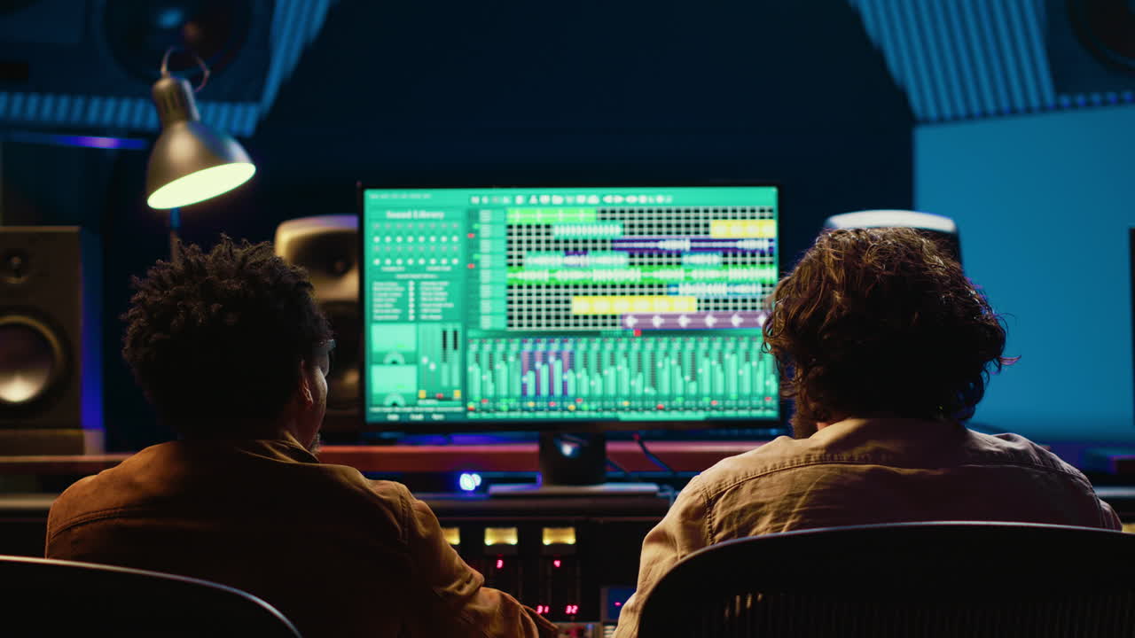 Diverse team of artist and sound designer working on editing tunes for a new hit