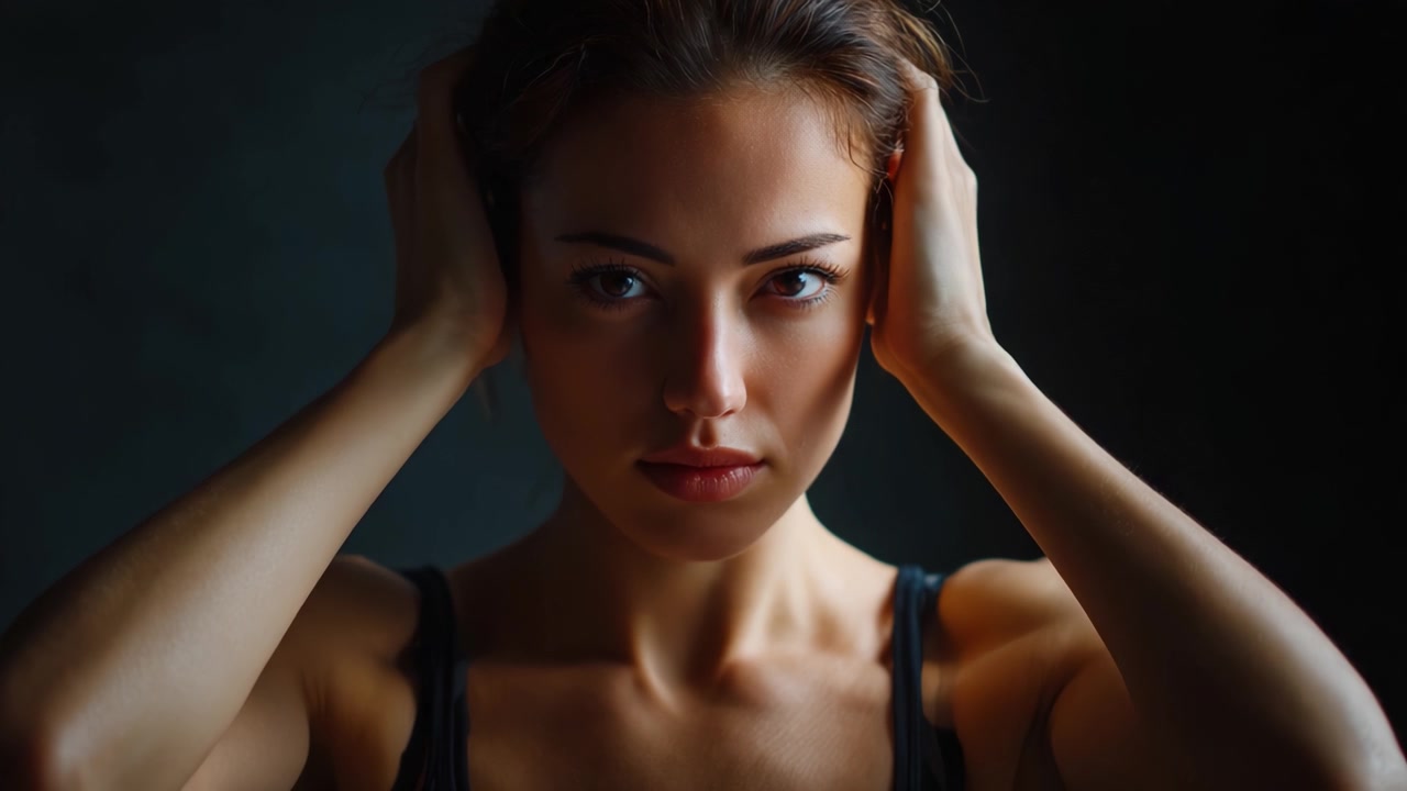 Una donna con un'espressione intensa si tiene la testa, trasmettendo emozioni profonde e vulnerabilità in un ambiente scarsamente illuminato, catturando l'essenza dell'esperienza umana