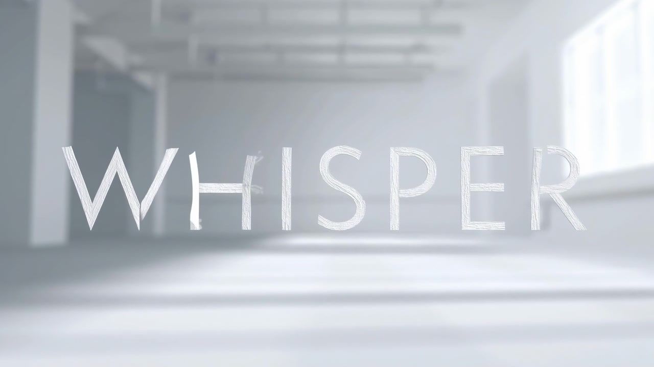 Centered white word deforms progressively as left-side letters split into curling ribbon-like fragments and rightmost R bends outward, framed by a softly blurred gray hall and bright windows.