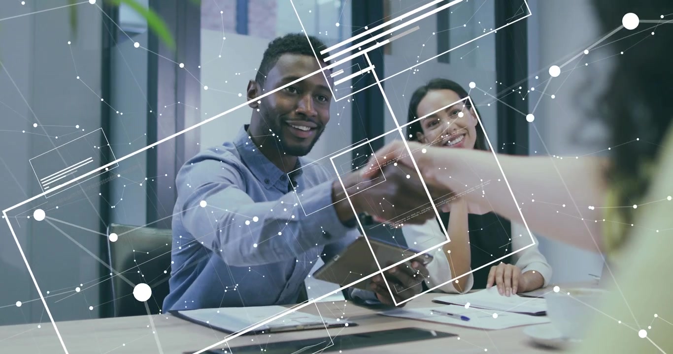Business colleagues receiving agreement and gesturing to overlays, sealing deal with handshake