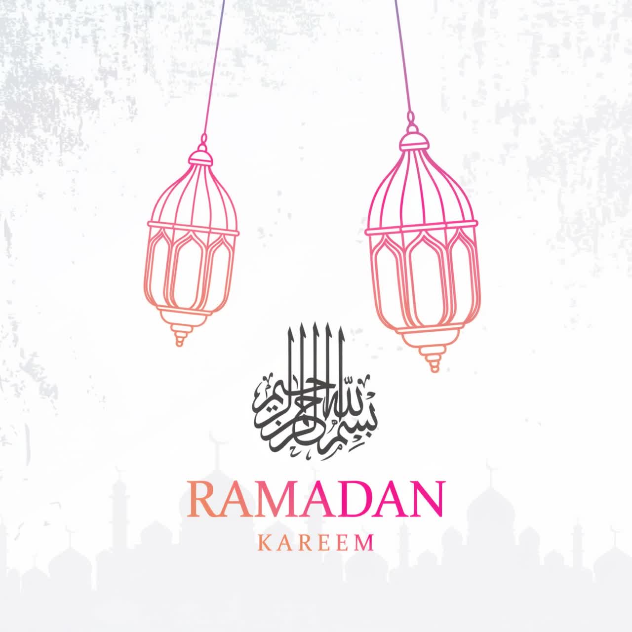 Animazione Ramadan Kareem con lanterne pendenti, calligrafia araba, silhouette di moschea su sfondo bianco.