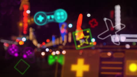 animación de la interfaz digital de videojuegos de neón parpadeando sobre semáforos desenfocados