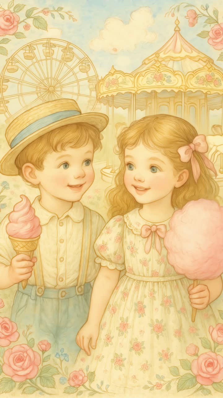 Vintage-style illustration of children at a fair, holding treats. Soft pastel colors and a whimsical