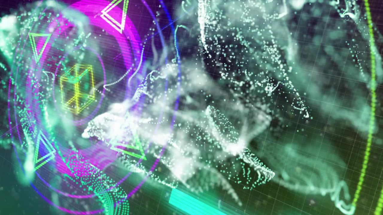 HUD rings pulsing rotating causing particle cloud pushing stretching rightward showing data flow
