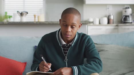 video of happy african american boy having online lessons at home