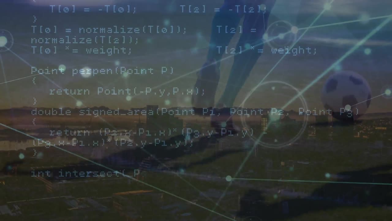 animação de rede de conexões e tela digital sobre as pernas do jogador de futebol masculino