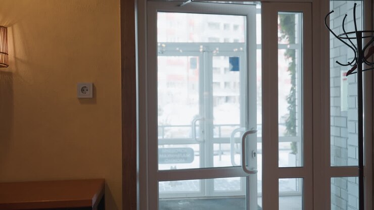 student stands outside restaurant entrance opening glass door while holding bag, with modern urban setting visible through large transparent panels and soft indoor lighting reflecting