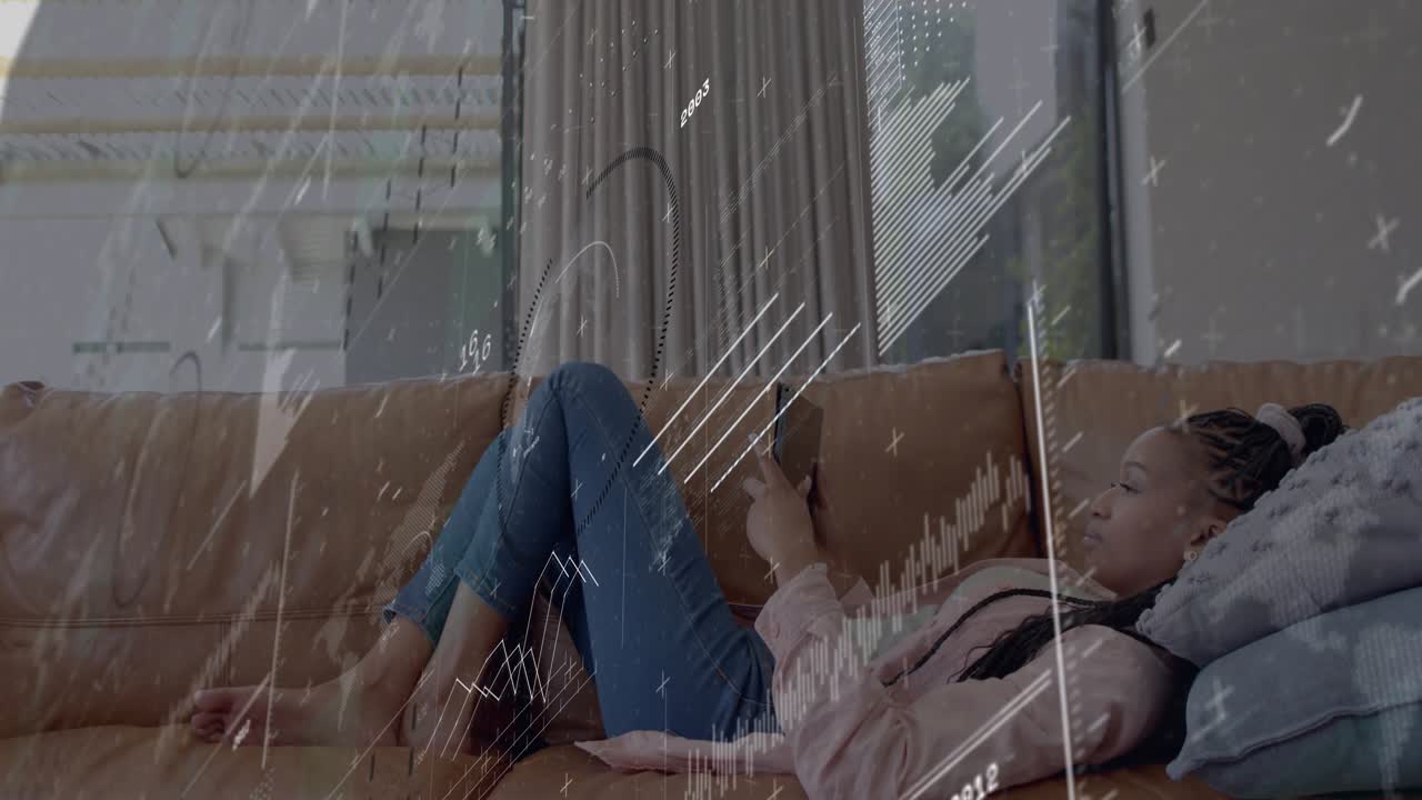 Woman reclining on tan couch tapping smartphone, activating animated charts as tech HUD overlays