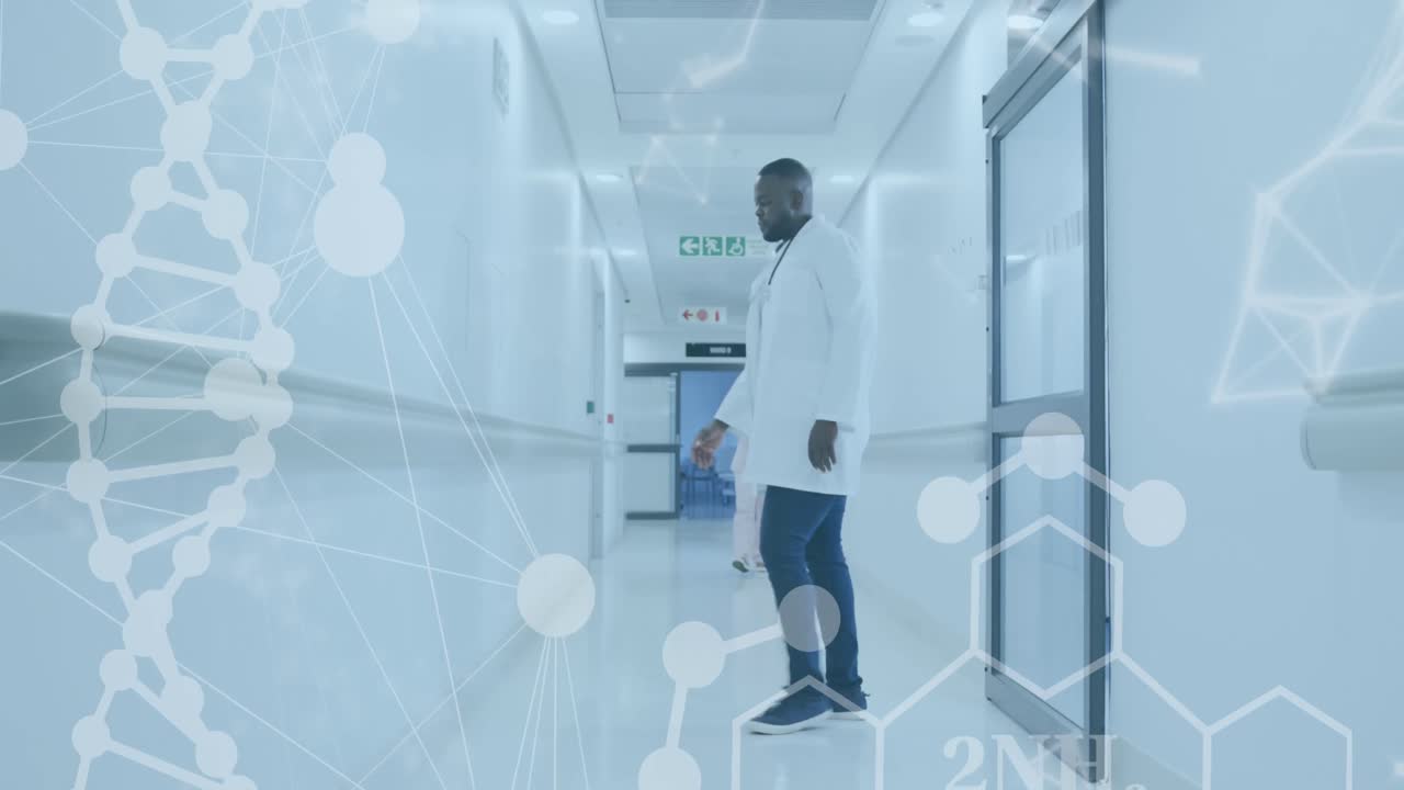 Animace DNA řetězce a zpracování lékařských dat nad afroamerickým lékařem