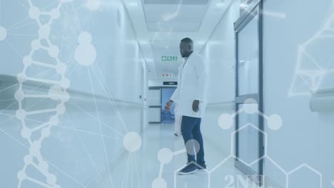 animation of dna strand and medical data processing over african american male doctor