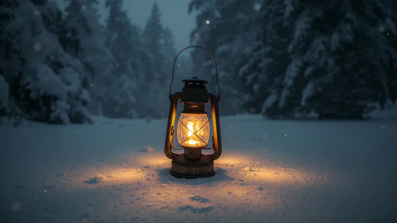 Fiamma tremolante in una lanterna di metallo vintage che proietta un bagliore ambrato pulsante sulla neve al crepuscolo, neve che cade