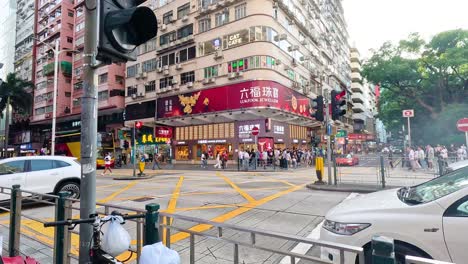 traffic and pedestrians at a bustling intersection