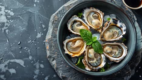 fresh oysters on ice with mint