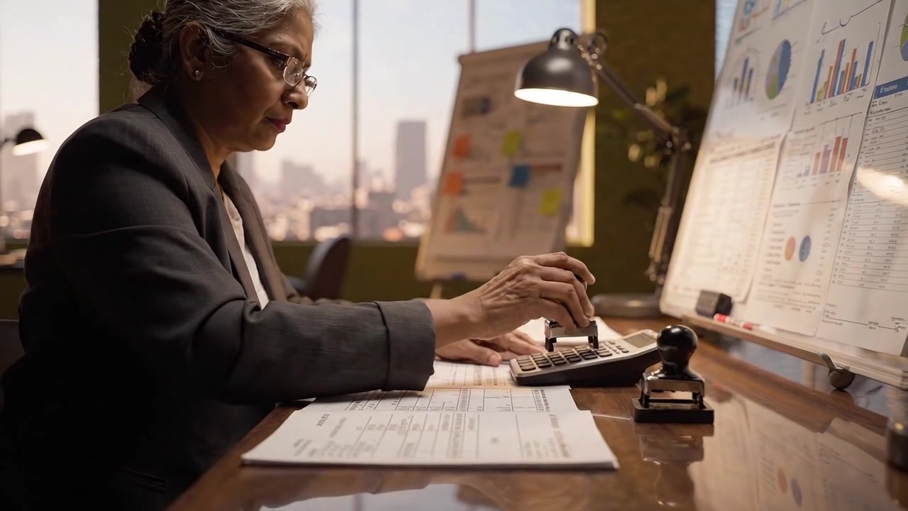 Un professionista concentrato esamina e elabora diligentemente documenti in un moderno ambiente d'ufficio, dimostrando efficienza e attenzione ai dettagli durante una giornata lavorativa intensa.