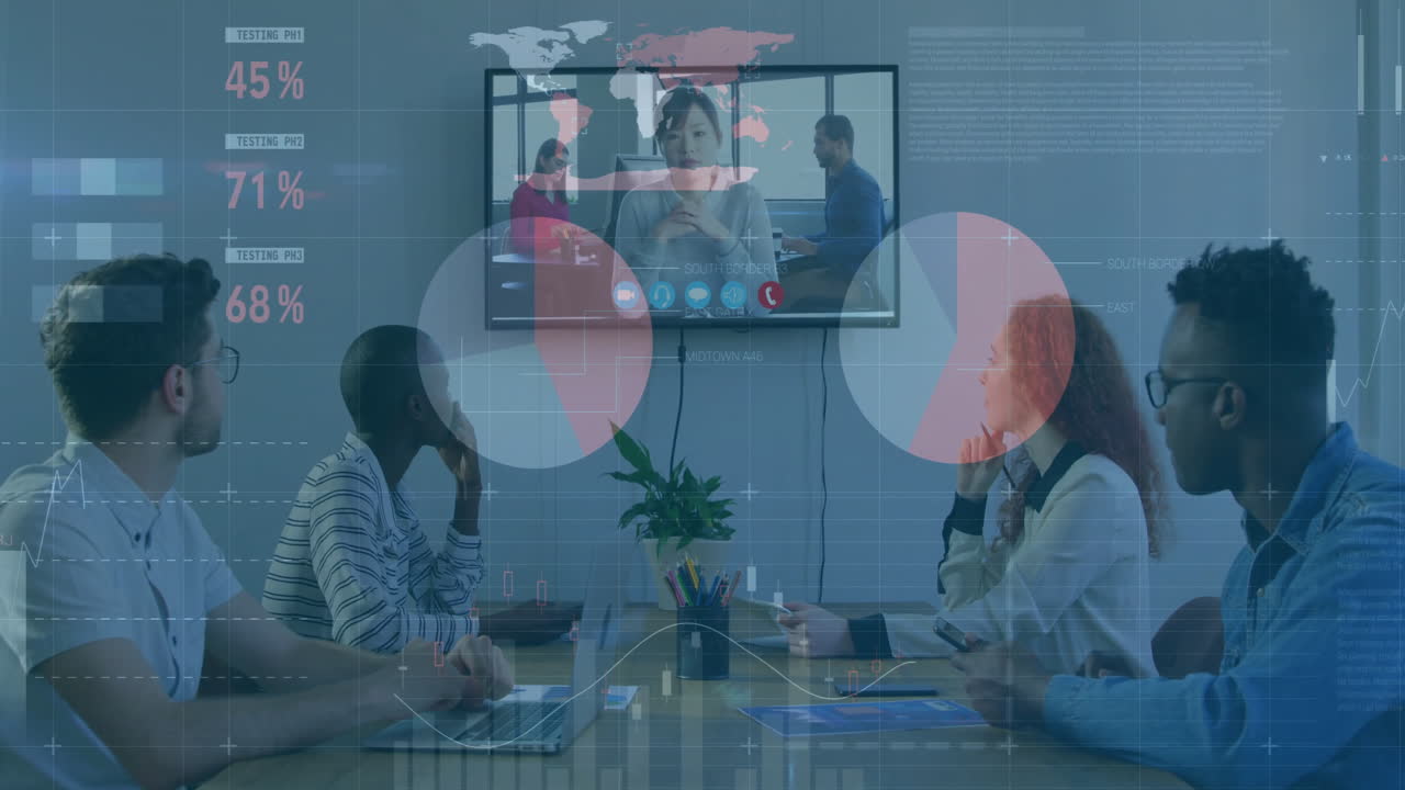 사무실에서 다양한 사업가에 대한 금융 데이터 처리의 애니메이션