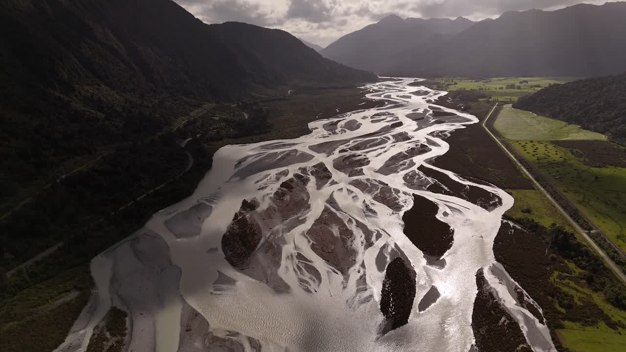 Bealey River in Arthur's Pass National Park, New Zealand. Aerial drone panoramic view