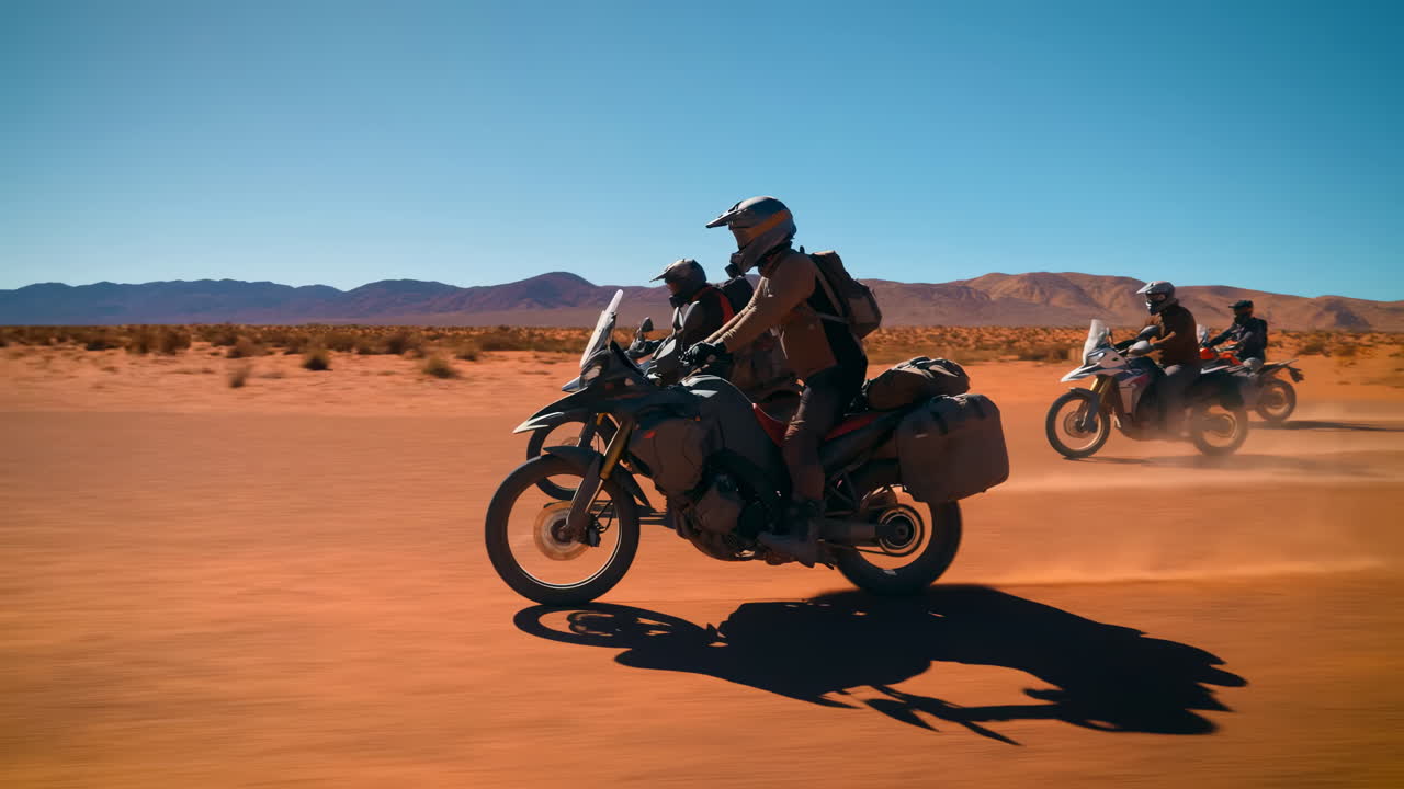 Gruppo di avventurieri che guidano motociclette attraverso un vasto paesaggio desertico