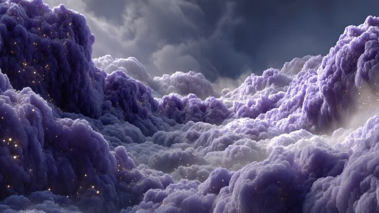 A Dreamlike Landscape of Mystical Purple Clouds Illuminated by Glimmering Lights in a Serene Sky Filled with Ethereal Beauty and Atmospheric Wonder