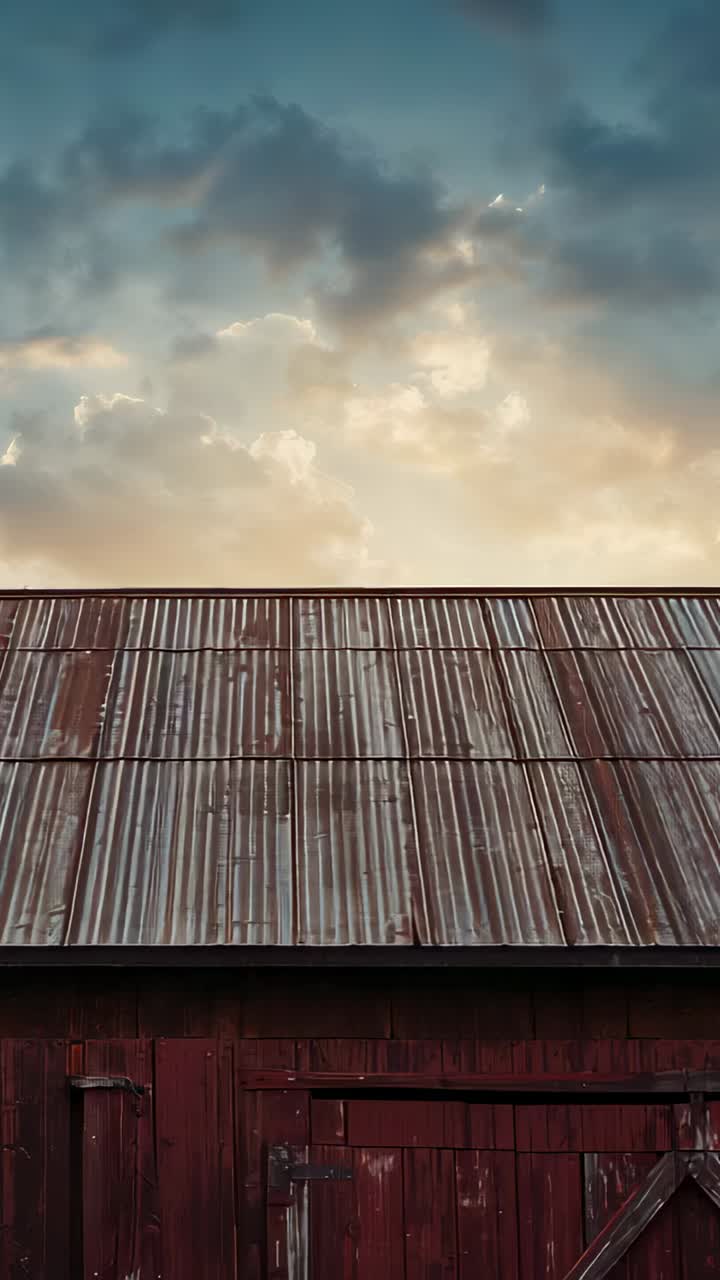 Vertical video: Shifting camera revealing red barn and more sky at farm exterior, corrugated roof