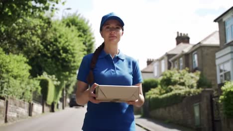 a delivery person in blue uniform walking down a residential street carrying a parcel, showcasing the everyday journey of deliveries and community interaction