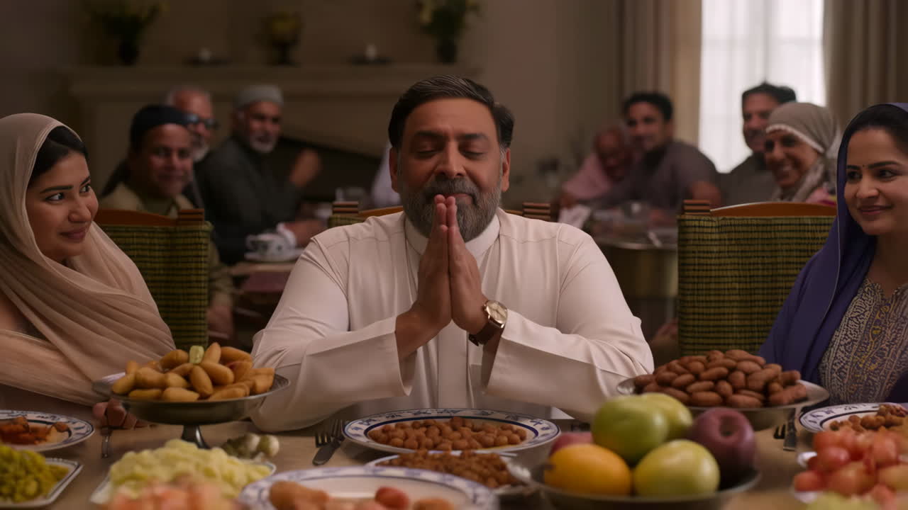 Man offers a prayer before a family meal
