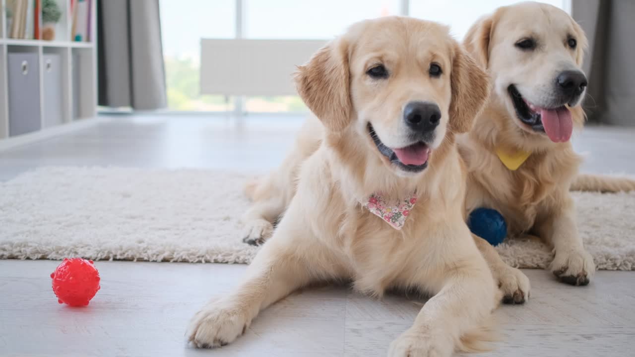 골든 리트리버가 공 에 누워 있습니다.