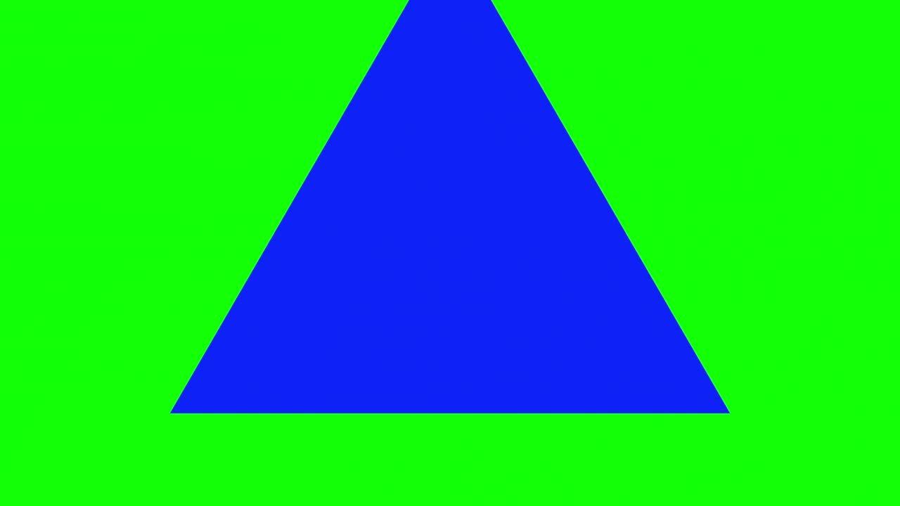 초록색 배경과 여러 개의 움직이는 삼각형, 반복적으로 확대 및 축소