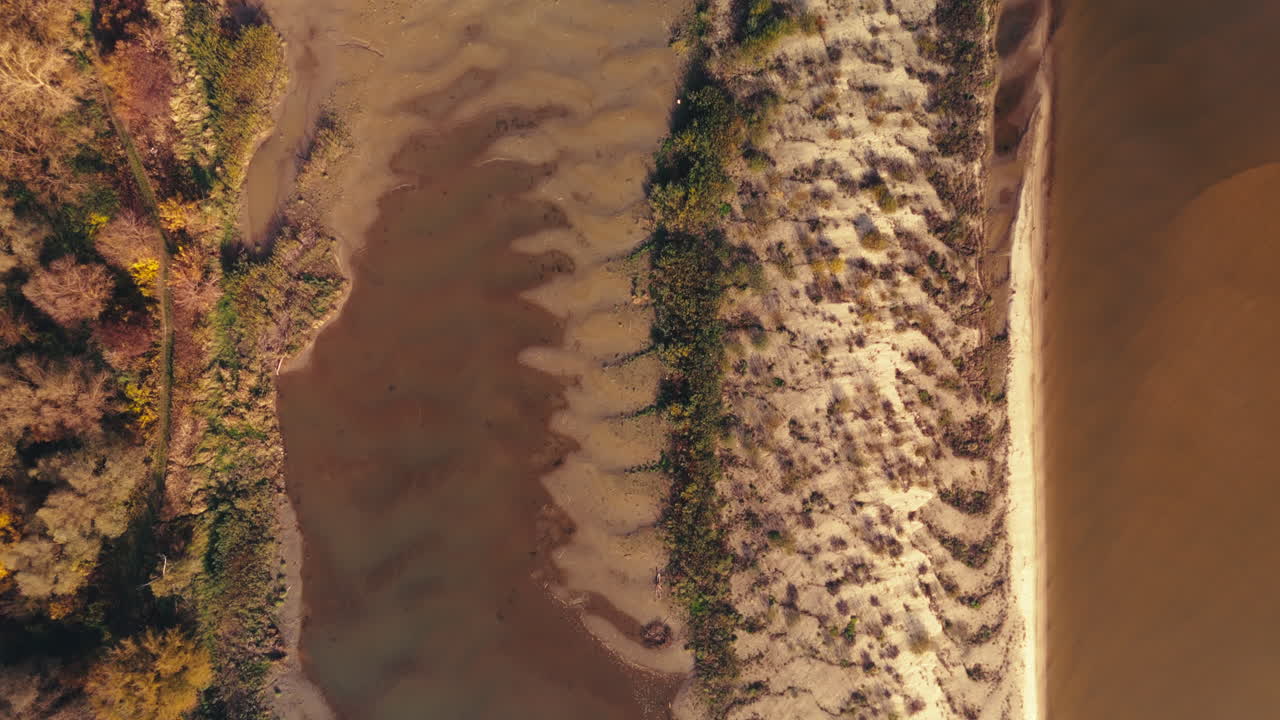 Aerial View of River and Sandbar with Autumnal Foliage
