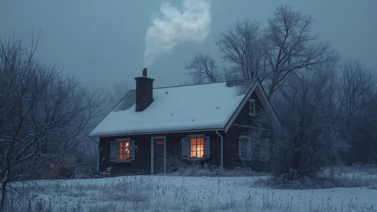 Rauchwolke, die aus dem Schornstein eines Cottage aufsteigt und in einer frostigen Lichtung mit warmen Fenstern aufquillt