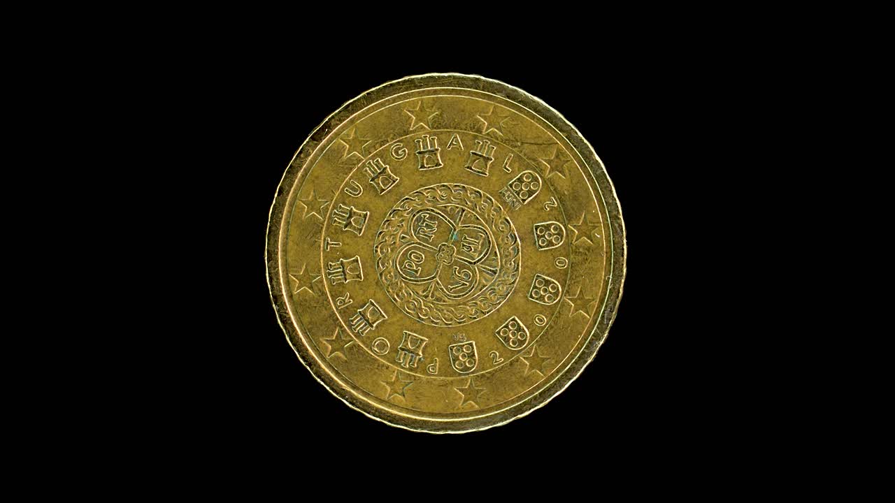 Portugal 2002 50 cent obverse with royal seal and coat of arms design rotating on black background