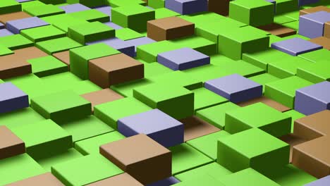 3d cubos abstractos bucle. videojuego isométrico patrón de ondas de mosaico geométrico. construcción de paisajes de colinas utilizando bloques de hierba marrón, púrpura y verde. animación 4k