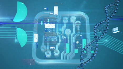 animación del procesamiento de datos y la cadena de adn en fondo azul