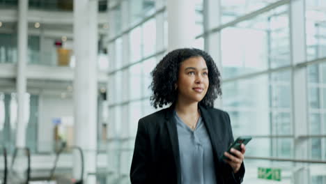 phone, business woman and walking in airport