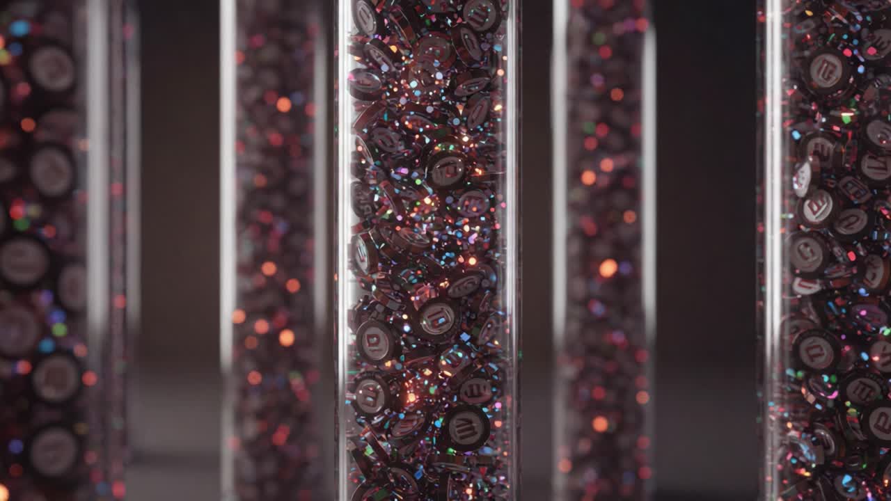 Close-up of Colorful Candy Coating: A Stunning Display of Glossy Chocolate Confections in Transparent Vessels Capturing Light and Sparkle