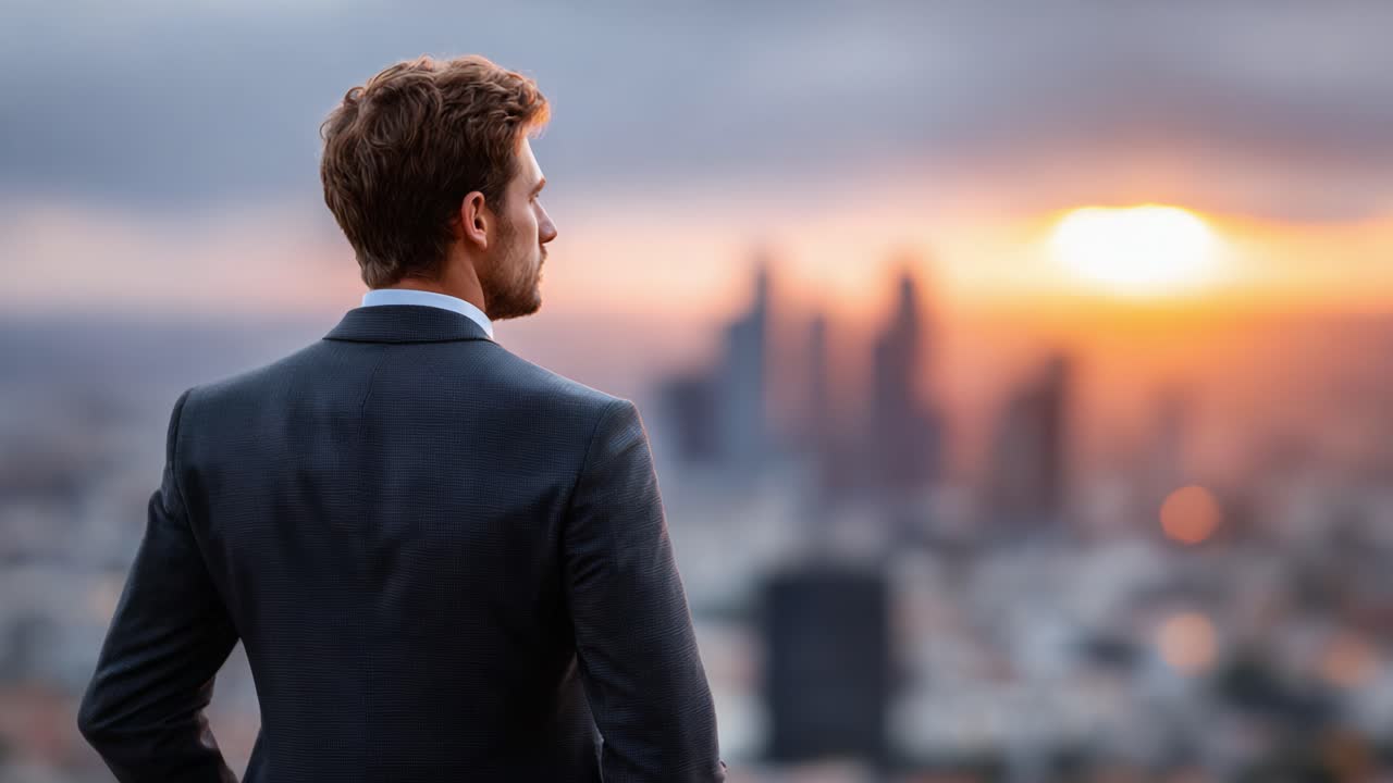 A contemplative figure in a suit gazes out at a sprawling cityscape at sunset, embodying ambition and reflection amidst a backdrop of urban skyline