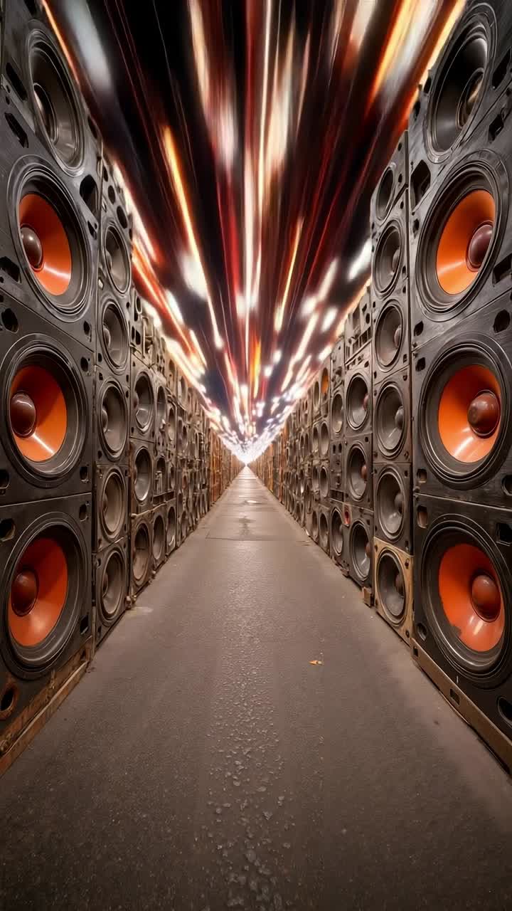 A long row of speakers in a room filled with lots of speakers