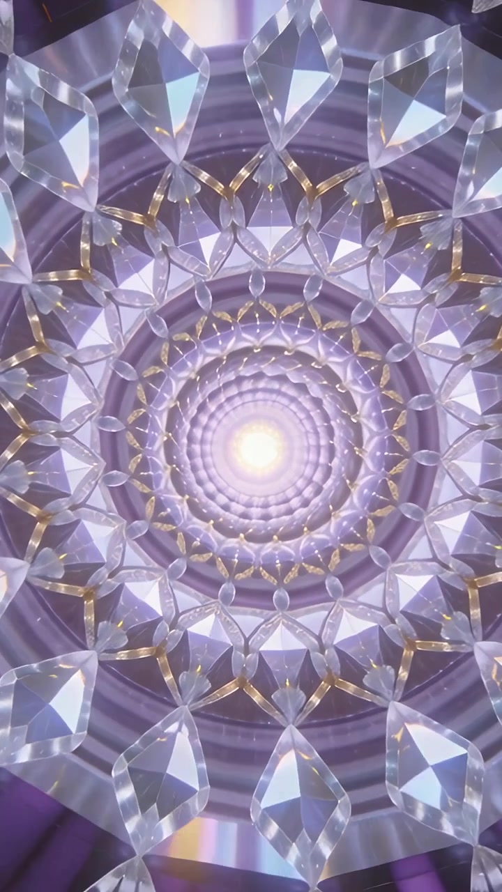 Video verticale: Nucleo pulsante che crea un mandala con pendenti sfaccettati rotanti e cangianti su schermo verticale.