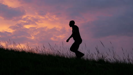 man walking on a hill at sunset